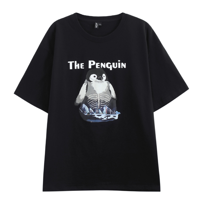 HSTYLE 韩都衣舍 中性纯棉圆领企鹅印花短袖T恤OU13800 黑色S