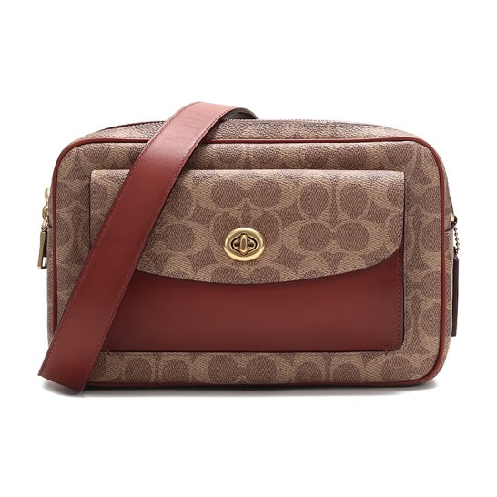 蔻驰coach cassie系列女士拼色印花拉链单肩斜挎相机包640 b4nq4 棕色