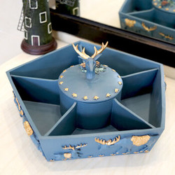 北欧ins轻奢果盘简欧家用糖果盒创意带盖零食客厅分格 格调蓝鹿干果盘