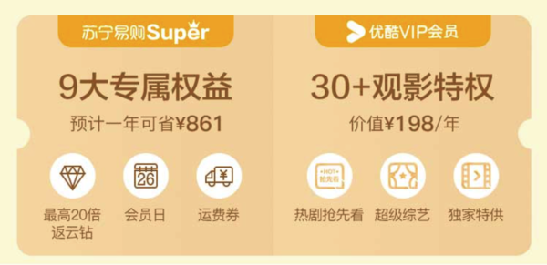 蘇寧易購SUPER會員+優酷視頻VIP會員年卡