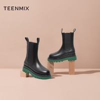 Teenmix 天美意 YTX03DZ0 女款厚底切尔西靴 黑色绿底 36