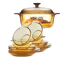 VISIONS 康宁 琥珀色碗碟盘餐具套装12件组 + 琥珀色玻璃汤锅2.25L