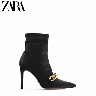 ZARA 11135610040 女士黑色尖头链条饰高跟短靴