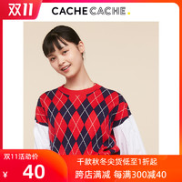 CacheCache 春红色套头学院风菱形格子假两件衬衫