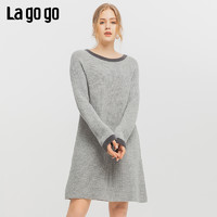 Lagogo冬季新款套头圆领灰色针织插肩袖宽松腰针织长袖连衣裙女