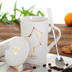 创意十二星座陶瓷杯马克杯420ml骨瓷水杯带盖勺情侣咖啡杯茶杯子 天秤座（白色）