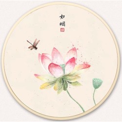 手绘国画 圆形荷花 现代客厅沙发背景墙壁画装饰画