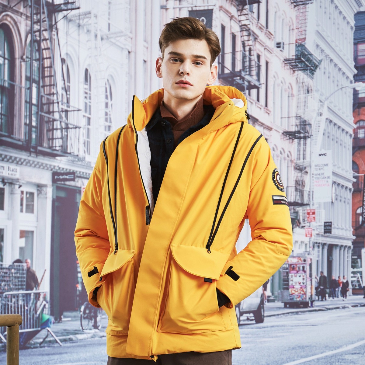 bosideng 波司登 男士白鹅绒连帽拉链中长款羽绒服313i 靓晶黄/糙白 l