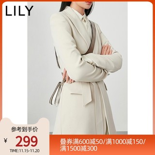 LILY2020新款女装气质米色系带收腰中长款休闲通勤职业西装外套