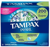 Tampax 带有塑料涂抹器的珍珠卫生棉条，强吸收性，200支，无气味（50支，4件装，200支）