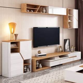 华纳斯 电视柜 伸缩电视柜茶几组合套装简约北欧现代家具 原木色+白色 电视柜+边柜