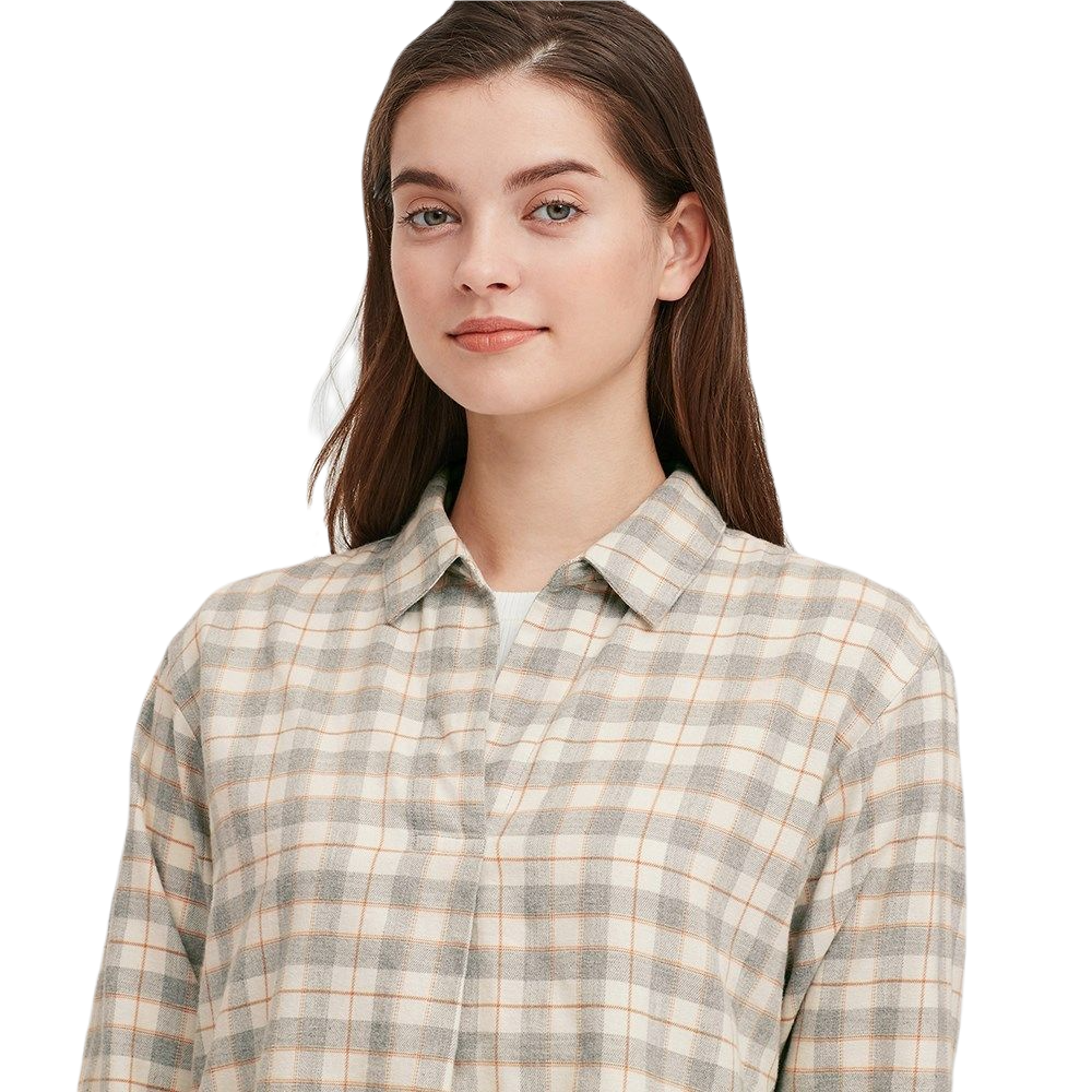 uniqlo 优衣库 女士法兰绒格子半开领衬衫长袖衬衫432624 烟灰色m