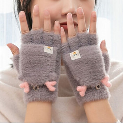 冬季加绒加厚韩版半指毛绒卡通翻盖手套 鹿角灰色