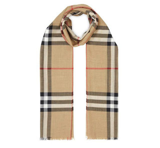 BURBERRY 博柏利 女士羊毛拼接毛边格纹围巾8018468 棕色220*70cm