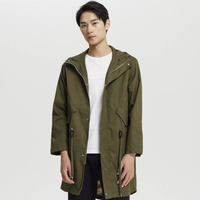 【98%棉】2021春夏男士连帽中长款派克茄克外套男式风衣 S 军绿色