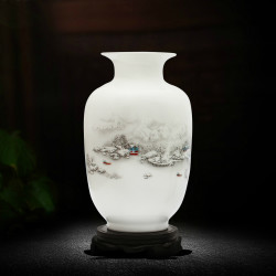欢畅 陶瓷小花瓶摆件 雪景冬瓜瓶+木底座 22*14*9.5cm