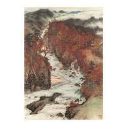 关山月《秋溪放筏图》水墨画国画 背景墙挂画 茶褐色 79×100cm