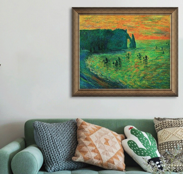 莫奈油画《埃特雷塔的礁石》沙发背景墙装饰画挂画 宫廷金 79×66cm