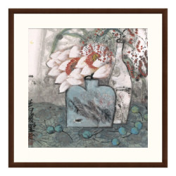 国画水墨画《荷香》袁野 玄沙发背景墙装饰画挂画 茶褐色 88*88cm