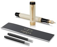 中亚prime会员：Parker 派克 Duofold 经典象牙色黑色镀金饰边钢笔，中号笔尖-，国际尺寸 - 礼品盒装