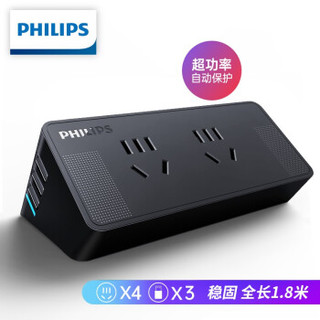 飞利浦（PHILIPS）魔方USB智能防过载插座 3USB+4孔位 2.4A快充 1.8米黑色 插线板/插排/排插/接线板/拖线板