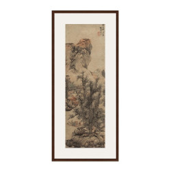 风景国画《秋山渔隐图》蓝瑛 背景墙挂画 茶褐色 74×167cm