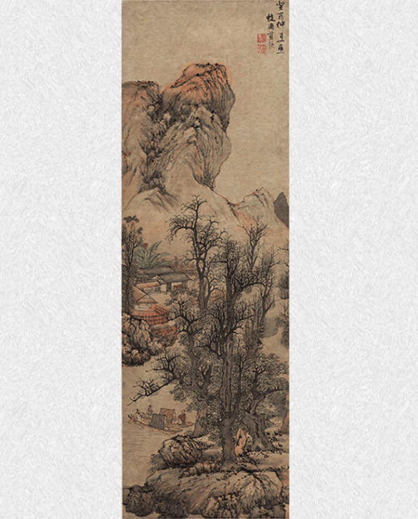 风景国画《秋山渔隐图》蓝瑛 背景墙挂画 茶褐色 74×167cm