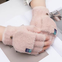 毛绒手套冬季半指手套男女学生保暖露手指写字手套加厚仿貂绒手套 粉色