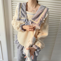 PEANOJEAN 女士撞色U领荷叶边毛绒加厚保暖家居服套装6815 米白+蓝 M