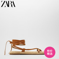 ZARA新款 TRF 女鞋特价精选 棕色黄麻平底牛皮革凉鞋 13641510105