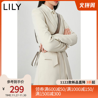 LILY2020新款女装气质米色系带收腰中长款休闲通勤职业西装外套