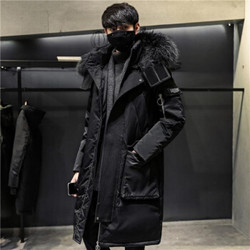 2020冬季新款时尚气质加厚连帽服男士中长款潮流青年大码韩版冬装外套 黑色 M 90-110斤