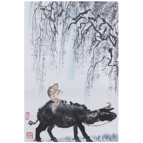 中国古美術. 旧蔵.李可染款.手描き.牧牛圖.書道品.宣紙水墨畫.賞