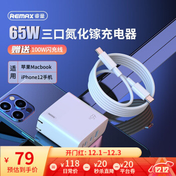 REMAX 睿量 双口GaN氮化镓65W 充电器 +100W Type-C数据线