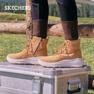 Skechers斯凯奇冬季女鞋厚底加绒保暖运动雪地靴高帮小短靴棉鞋（36.5、黑色/灰色/BKGY）