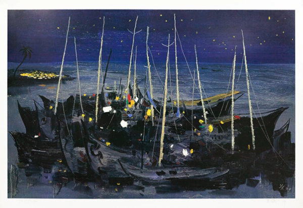 艺术品：吴冠中亲笔签名版画《海之夜》 限量500版 收藏证书艺术品