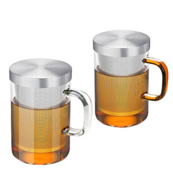 花茶杯3件套高硼硅耐热玻璃杯不锈钢内胆杯个人冲泡器水杯 透明琥珀色2只装