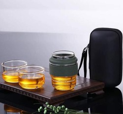 普智 玻璃旅行茶具 套装便携包 旅游户外快客杯 随身一壶二杯功夫茶艺杯飘逸杯泡茶壶 茶杯 玄青玻璃旅行茶具