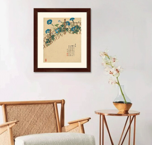 花卉国画《牵牛花图》邹一桂 背景墙装饰画挂画 茶褐色 42×47cm