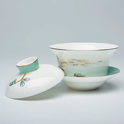 骨质瓷大容量盖碗三才碗中国风青山绿水茶碗泡茶杯200ML 西湖盖碗单只装