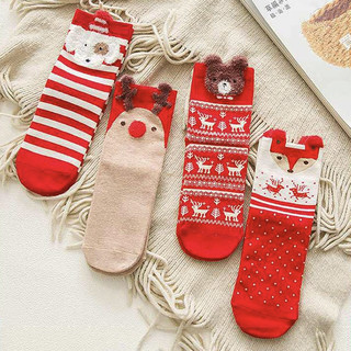 YUZHAOLIN 俞兆林 圣诞袜麋鹿系列女士中筒棉质袜子10-24-1 红色4双装