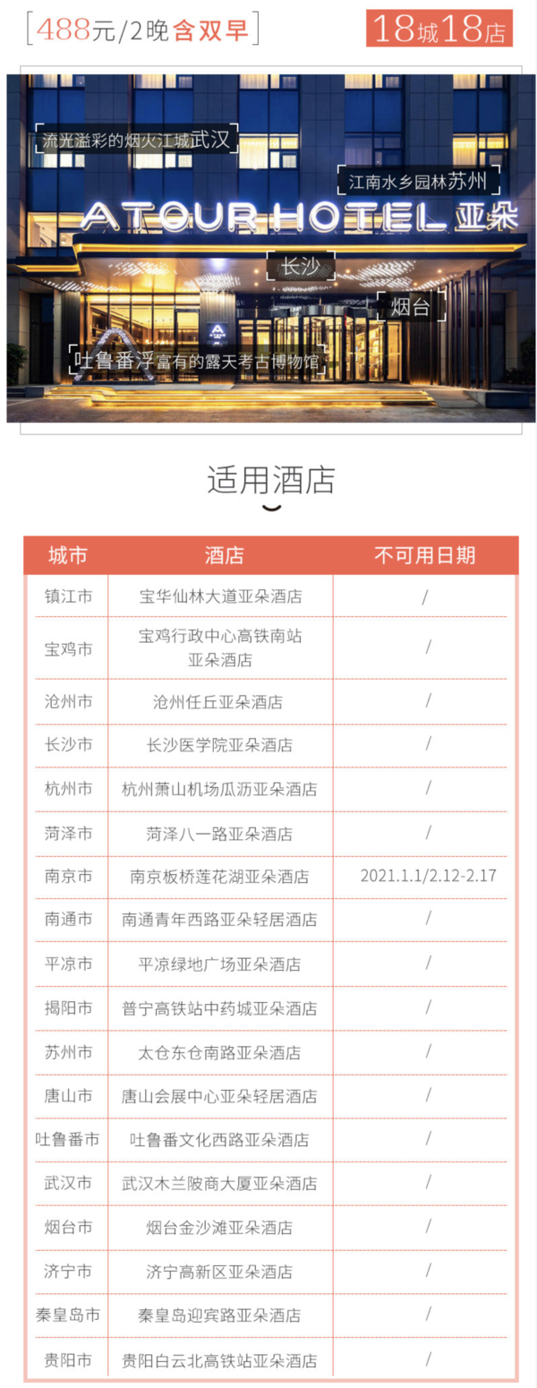 飞猪双12：周末节假日不加价！亚朵酒店全国124店 2晚通兑套餐（可拆分含双早）