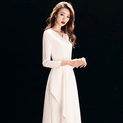晚礼服女2020新款白色长袖高端气质名媛宴会年会优雅平时可穿裙子 *3件