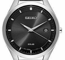 SEIKO 精工 SOLAR系列 SNE241 男士石英手表 39mm 黑盘 银色不锈钢表带 圆形