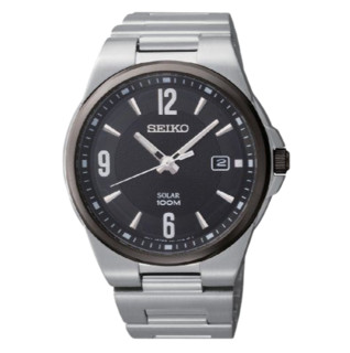 SEIKO 精工 SNE211 中性太阳能手表 42mm 黑盘 银色不锈钢带 圆形