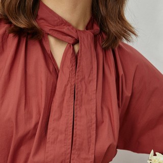 Eifini 伊芙丽 女士纯棉修身系带收腰长袖连衣裙1B2999981 釉底红M