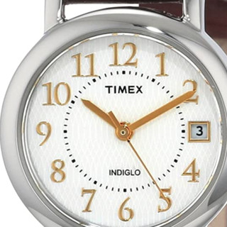 TIMEX 天美时 Classic系列 T2N3369J 女士石英手表 25mm 白盘 棕色皮革带 圆形