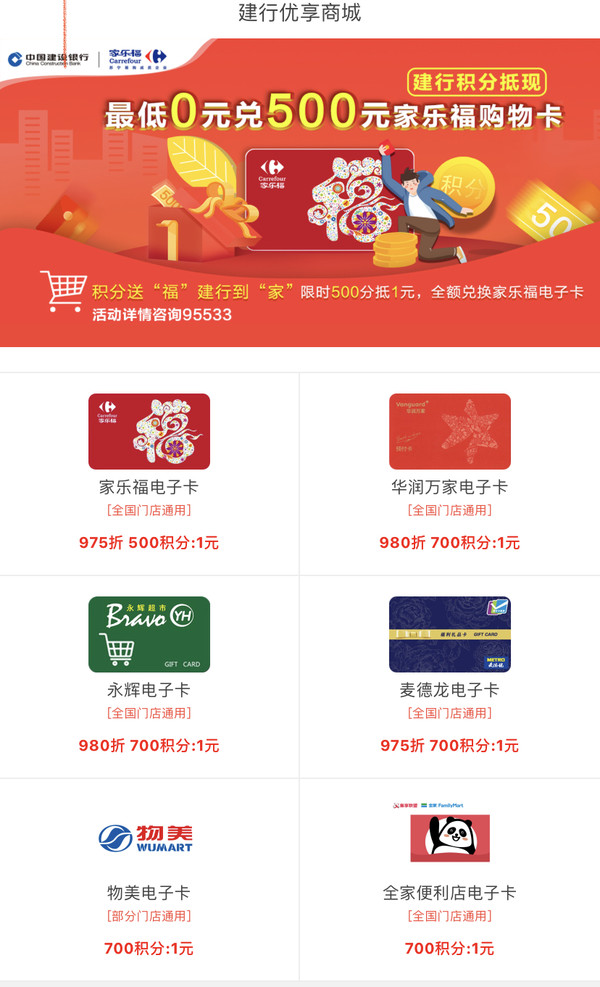 建设银行 X 家乐福/华润万家/永辉等 积分兑换超市电子卡