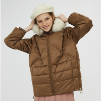 小熊冬季女装短款连帽羽绒服面包服保暖外套 L 棕色