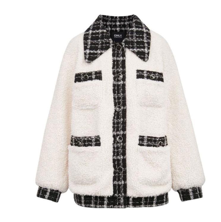 ONLY 女士小香风格子单排扣羊羔绒长袖外套121122009